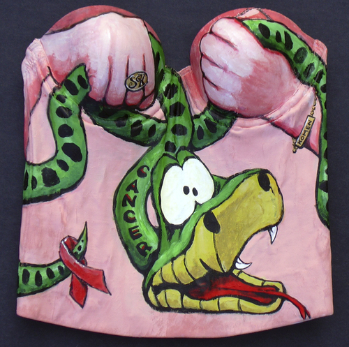 Cartoon: Susan G. Komen auction item (medium) by karlwimer tagged susankomen,cancer,charity,snake,breast,bustier,corset,bra