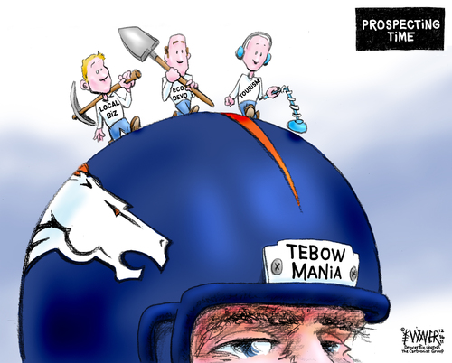 Cartoon: Tebowmania Prospecting (medium) by karlwimer tagged tebow,football,broncos,business,usa