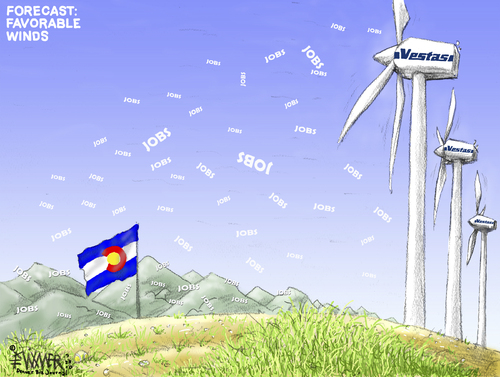 Cartoon: Vestas Good Wind (medium) by karlwimer tagged vestas,wind,windfarm,turbines,colorado,economy,business,jobs,employment