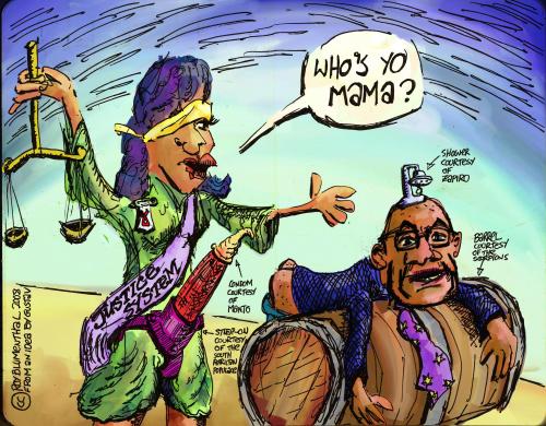 Cartoon: Jacob Zuma Assumes the Position (medium) by royblumenthal tagged zuma,politics,south,africa,satire,strapon,butt,barrel,justice