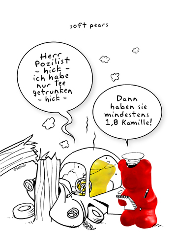 Cartoon: soft pears Nr.2 (medium) by droigks tagged droigks,droigk,gelb,rot,gummibärchen,weich,pozilist,polizist,blau,trinken,steuer,alkohol,kamille,promille,unfall,pears,soft,unfall,promille,kamille,alkohol,steuer,blau,polizist,gummibärchen,rot,gelb