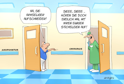 Cartoon: Akupunktur vs. Chirurgie (medium) by droigks tagged akupunktur,nadeln,meridiane,energiepunkte,traditionelle,chinesische,medizin,schmerztherapie,entspannung,heilung,wellness,alternative,therapiepunkte,nebenwirkungen,behandlungsmethoden,gesundheitsförderung,droigks,tcm,operation,eingriff,anästhesie,narkose,wundversorgung,nachsorge,chirurgische,techniken,minimalinvasive,chirurgie,rekonstruktive,notfallchirurgie,patientenversorgung,operationssaal,komplikationen,diagnostik,akupunktur,nadeln,meridiane,energiepunkte,traditionelle,chinesische,medizin,schmerztherapie,entspannung,heilung,wellness,alternative,therapiepunkte,nebenwirkungen,behandlungsmethoden,gesundheitsförderung,droigks,tcm,operation,eingriff,anästhesie,narkose,wundversorgung,nachsorge,chirurgische,techniken,minimalinvasive,chirurgie,rekonstruktive,notfallchirurgie,patientenversorgung,operationssaal,komplikationen,diagnostik