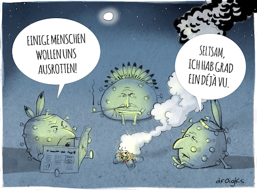 Cartoon: Ausrottung von Covid (medium) by droigks tagged ausrottung,beiseiteschaffen,tilgen,töten,indianer,indigen,covid,sars,coronavirus,impfprogramm,krankheit,ringimpfungsprogramm,ausrottung,beiseiteschaffen,tilgen,töten,covid,sars,coronavirus,impfprogramm,krankheit,ringimpfungsprogramm