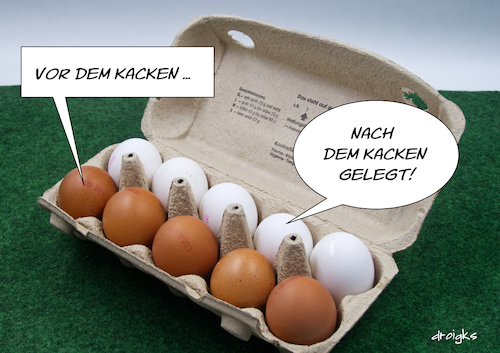 Cartoon: Eierlegen (medium) by droigks tagged ei,eier,eierlegen,stuhlgang,einfärben,farbe,darmreinigung,darmentleerung,droigks,braun,weiss,eierpackung,hühnerei,ei,eier,eierlegen,stuhlgang,einfärben,farbe,darmreinigung,darmentleerung,droigks,braun,weiss,eierpackung,hühnerei