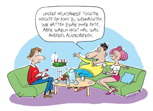 Cartoon: festtägliche Innovation (medium) by droigks tagged weihnachten,wunsch,gans,ente,pony,pferd,festesssen,missverständnis,weihnachten,wunsch,gans,ente,pony,pferd,festesssen,missverständnis