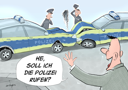 Cartoon: Polizeiruf (medium) by droigks tagged sicherheit,ordnung,gesetz,polizeibeamter,einsatz,streife,kriminalpolizei,bundespolizei,ermittlung,praevention,hilfe,uniform,diensthund,schutzpolizei,revier,blaulicht,verbrechen,aufklaerung,verkehr,verkehrssicherung,ermittlungsverfahren,notruf,rechtstaatlichkeit,ordnungswidrigkeit,beweissicherung,droigks,crash,polizeiauto,sicherheit,ordnung,gesetz,polizeibeamter,einsatz,streife,kriminalpolizei,bundespolizei,ermittlung,praevention,hilfe,uniform,diensthund,schutzpolizei,revier,blaulicht,verbrechen,aufklaerung,verkehr,verkehrssicherung,ermittlungsverfahren,notruf,rechtstaatlichkeit,ordnungswidrigkeit,beweissicherung,droigks,crash,polizeiauto