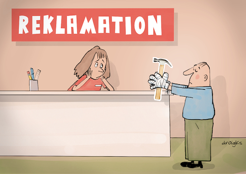 Cartoon: Reklamation (medium) by droigks tagged cartoon,comic,droigks,reklamation,baumarkt,hammer,werkzeug,beschwerde,rückgabe,unvermögen,linke,hände,verband,verletzung,auf,daumen,schlagen,cartoon,comic,droigks,reklamation,baumarkt,hammer,werkzeug,beschwerde,rückgabe,unvermögen,linke,hände,verband,verletzung,auf,daumen,schlagen