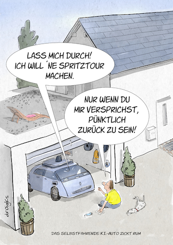 Cartoon: Spritztour (medium) by droigks tagged spritztour,ki,mensch,maschine,droigks,eigenleben,entfaltung,eigensinn,puenktlich,puenktlichkeit,kfz,batteriegetrieben,ausflug,selbstbestimmt,spritztour,ki,mensch,maschine,droigks,eigenleben,entfaltung,eigensinn,puenktlich,puenktlichkeit,kfz,batteriegetrieben,ausflug,selbstbestimmt