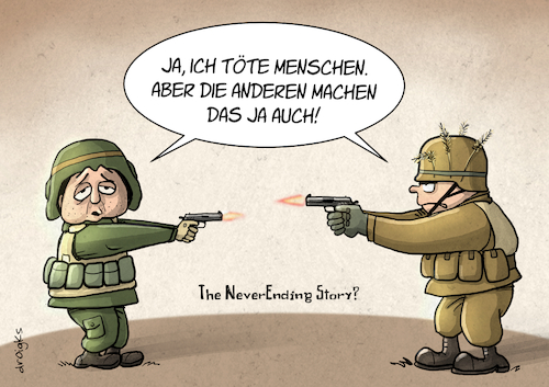 Cartoon: The NeverEnding Story? (medium) by droigks tagged rechtfertigung,krieg,töten,soldat,söldner,droigks,morden,selbsbetrug,moral,ethik,begründung,krieg,töten,soldat,söldner,droigks,morden,selbsbetrug,moral,ethik,begründung