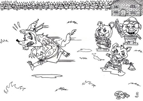 Cartoon: 3 kleine  gemeine schweine (medium) by XombieLarry tagged pig,schwein,wolf,kettensäge,chainsaw,axt,angst,illustration,grauenhaft,wald