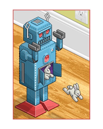 Cartoon: Bunnies Attack (medium) by birdbee tagged pixel,art,robot,bunnies,rabbits,isometric