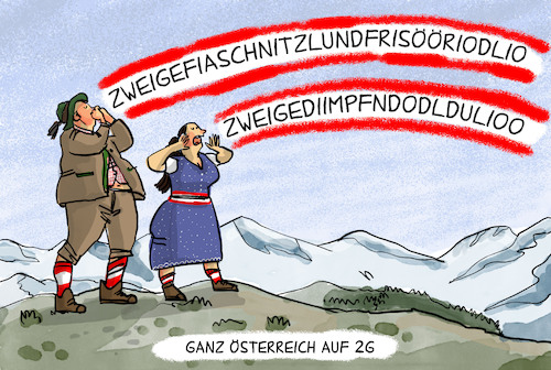 Cartoon: 2G in Österreich (medium) by leopold maurer tagged österreich,inzidenz,corona,covid,genesen,geimpft,test,pcr,antigen,frisör,gasthaus,theater,impfung,impfgegner,impfverweigerer,hospitalisiert,intensivstation,jodeln,österreich,inzidenz,corona,covid,genesen,geimpft,test,pcr,antigen,frisör,gasthaus,theater,impfung,impfgegner,impfverweigerer,hospitalisiert,intensivstation,jodeln