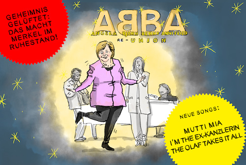 Cartoon: ABBA Reunion (medium) by leopold maurer tagged merkel,ruhestand,wahl,2021,abba,reunion,kanzlerin,olaf,scholz,spd,cdu,union,bundestag,merkel,ruhestand,wahl,2021,abba,reunion,kanzlerin,olaf,scholz,spd,cdu,union,bundestag