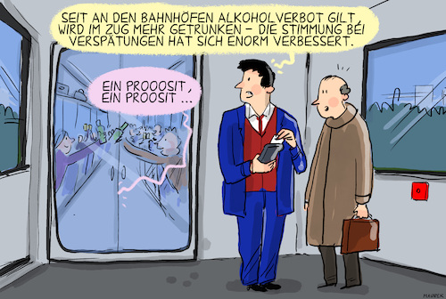 Cartoon: Alkoholverbot Bahnhof (medium) by leopold maurer tagged alkohol,verbot,bahnhof,deutsche,bahn,züge,speisewagen,ausnahme,feiern,verspätung,fahrgäste,schaffner,leopold,maurer,cartoon,karikatur,alkohol,verbot,bahnhof,deutsche,bahn,züge,speisewagen,ausnahme,feiern,verspätung,fahrgäste,schaffner,leopold,maurer,cartoon,karikatur