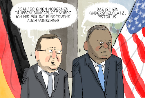 Cartoon: Antrittsbesuch Pistorius USA (medium) by leopold maurer tagged pistorius,usa,antrittsbesuch,verteidigungsminister,deutschland,bundeswehr,ausbildung,geldnot,ukraine,unterstuetzung,krieg,austin,kollege,truppenuebungsplatz,ausruestung,soldaten,army,nato,leopold,maurer,cartoon,karikatur,pistorius,usa,antrittsbesuch,verteidigungsminister,deutschland,bundeswehr,ausbildung,geldnot,ukraine,unterstuetzung,krieg,austin,kollege,truppenuebungsplatz,ausruestung,soldaten,army,nato,leopold,maurer,cartoon,karikatur