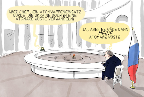 Cartoon: Atomwaffeneinsatz (medium) by leopold maurer tagged putin,krieg,ukraine,teilmobilmachung,drohung,atomwaffen,atomkrieg,bluff,rational,irrational,national,denken,berater,rede,diktator,autokratie,russland,tote,soldaten,energie,krise,inflation,weltlage,leopold,maurer,cartoon,karikatur,putin,krieg,ukraine,teilmobilmachung,drohung,atomwaffen,atomkrieg,bluff,rational,irrational,national,denken,berater,rede,diktator,autokratie,russland,tote,soldaten,energie,krise,inflation,weltlage,leopold,maurer,cartoon,karikatur