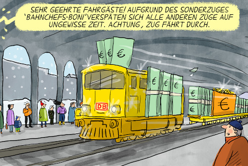 Cartoon: Bahnchefs Boni (medium) by leopold maurer tagged boni,manager,bahn,chef,deutsche,euro,millionen,chefetage,verfehlte,ziele,passagiere,fahrgaeste,verspaetungen,ausfaelle,zug,bahnhof,geld,leopold,maurer,cartoon,karikatur,boni,manager,bahn,chef,deutsche,euro,millionen,chefetage,verfehlte,ziele,passagiere,fahrgaeste,verspaetungen,ausfaelle,zug,bahnhof,geld,leopold,maurer,cartoon,karikatur