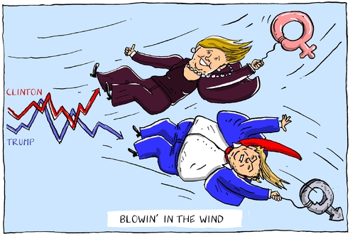 Cartoon: blowing in the wind (medium) by leopold maurer tagged usa,präsident,wahl,clinton,trump,dylan,umfragewerte,frauen,männer,wähler,wählerinnen,usa,präsident,wahl,clinton,trump,dylan,umfragewerte,frauen,männer,wähler,wählerinnen