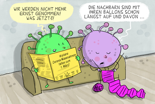 Cartoon: Corona-Maßnahmen enden (medium) by leopold maurer tagged corona,virus,maßnahmen,fallen,maske,abstand,impfung,pandemie,ende,alltag,ballons,spionage,ballon,luftfahrt,china,usa,kanada,flugobjekte,umsatteln,leopold,maurer,karikatur,cartoon,corona,virus,maßnahmen,fallen,maske,abstand,impfung,pandemie,ende,alltag,ballons,spionage,ballon,luftfahrt,china,usa,kanada,flugobjekte,umsatteln,leopold,maurer,karikatur,cartoon