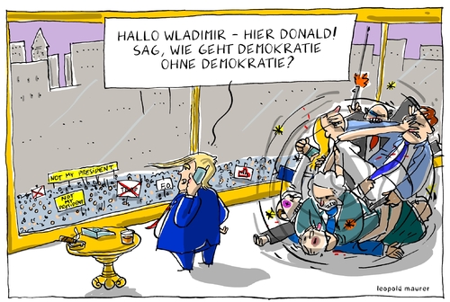 Cartoon: demokratie ohne demokratie (medium) by leopold maurer tagged trump,donald,usa,machtkämpfe,beraterstab,demonstrationen,gegner,demokratie,putin,russland,trump,donald,usa,machtkämpfe,beraterstab,demonstrationen,gegner,demokratie,putin,russland