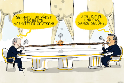 Cartoon: Der Vermittler Schröder (medium) by leopold maurer tagged vermittlung,schroeder,altbundeskanzler,putin,vorschlag,verhandlungen,buddy,russland,ukraine,krieg,eu,minister,ablehnung,spd,regierung,leopold,maurer,karikatur,cartoon,vermittlung,schroeder,altbundeskanzler,putin,vorschlag,verhandlungen,buddy,russland,ukraine,krieg,eu,minister,ablehnung,spd,regierung,leopold,maurer,karikatur,cartoon