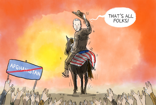 Cartoon: Evakuierungsmission der USA Ende (medium) by leopold maurer tagged afghanistan,usa,nato,ende,biden,joe,deadline,31,august,sonnenuntergang,reitet,cowboy,stich,lassen,afghanistan,usa,nato,ende,biden,joe,deadline,31,august,sonnenuntergang,reitet,cowboy,stich,lassen