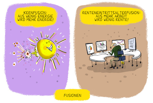 Cartoon: Fusionen (medium) by leopold maurer tagged kernfusion,energie,wissenschaft,durchbruch,rentenantrittsalter,höher,niedriger,diskussion,arbeit,beiträge,boomer,scholz,ampel,opposition,älter,leopold,maurer,karikatur,cartoon,kernfusion,energie,wissenschaft,durchbruch,rentenantrittsalter,höher,niedriger,diskussion,arbeit,beiträge,boomer,scholz,ampel,opposition,älter,leopold,maurer,karikatur,cartoon