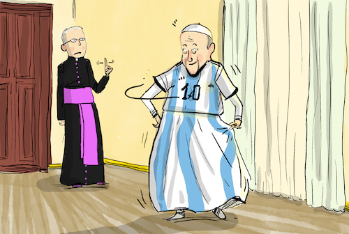 Cartoon: Fussballweltmeister Argentinien (medium) by leopold maurer tagged argentinien,fussball,weltmeister,katar,2022,messi,frankreich,finale,menschenrechte,papst,franziskus,trikot,freude,feier,elfmeteerschiessen,wm,leopold,maurer,karikatur,cartoon,argentinien,fussball,weltmeister,katar,2022,messi,frankreich,finale,menschenrechte,papst,franziskus,trikot,freude,feier,elfmeteerschiessen,wm,leopold,maurer,karikatur,cartoon