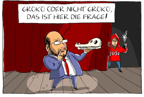 Cartoon: groko oder nicht groko (medium) by leopold maurer tagged groko,grosse,koalition,cdu,spd,jusos,hamlet,schulz,martin,sinnfrage,entscheidung,abwägung,hinterhalt,verhinderung,groko,grosse,koalition,cdu,spd,jusos,hamlet,schulz,martin,sinnfrage,entscheidung,abwägung,hinterhalt,verhinderung