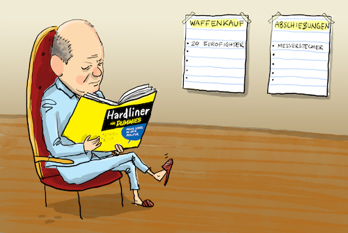 Cartoon: Hardliner Scholz (medium) by leopold maurer tagged scholz,olaf,spd,bundeskanzler,deutschland,abschiebungen,afghanistan,waffenkau,waffen,eurofighter,ukraine,krieg,verteidigung,messerstecher,mannheim,islamismus,flüchtlinge,asylanten,hardliner,liste,leopold,maurer,karikatur,cartoon,scholz,olaf,spd,bundeskanzler,deutschland,abschiebungen,afghanistan,waffenkau,waffen,eurofighter,ukraine,krieg,verteidigung,messerstecher,mannheim,islamismus,flüchtlinge,asylanten,hardliner,liste,leopold,maurer,karikatur,cartoon