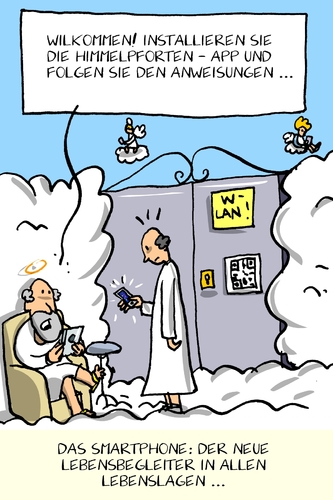 Cartoon: himmelspfortenapp (medium) by leopold maurer tagged app,smartphone,lebenslagen,himmelspforte,leben,tod,app,smartphone,lebenslagen,himmelspforte,leben,tod