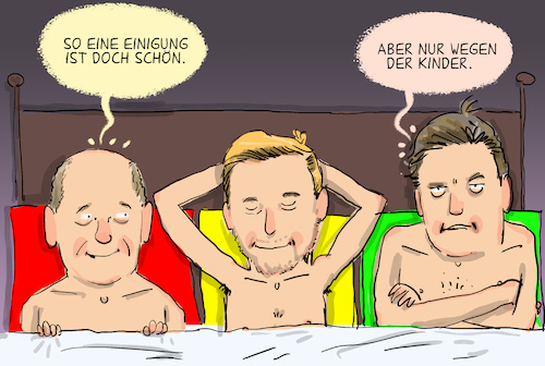 Cartoon: Kindergrundsicherung Einigung (medium) by leopold maurer tagged kindergrundsicherung,ampel,kinder,armut,einigung,koalition,spd,grüne,fdp,lidner,scholz,habeck,bett,frieden,leopold,maurer,cartoon,karikatur,kindergrundsicherung,ampel,kinder,armut,einigung,koalition,spd,grüne,fdp,lidner,scholz,habeck,bett,frieden,leopold,maurer,cartoon,karikatur