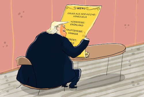 Cartoon: Menu Trump (medium) by leopold maurer tagged trump,usa,grönland,venezuela,völkerrecht,gebiete,kauf,annexion,kanada,mexiko,kolumbien,cuba,hemisphäre,westlich,amerika,südamerika,monroe,doktrin,leopold,maurer,cartoon,karikatur,trump,usa,grönland,venezuela,völkerrecht,gebiete,kauf,annexion,kanada,mexiko,kolumbien,cuba,hemisphäre,westlich,amerika,südamerika,monroe,doktrin,leopold,maurer,cartoon,karikatur
