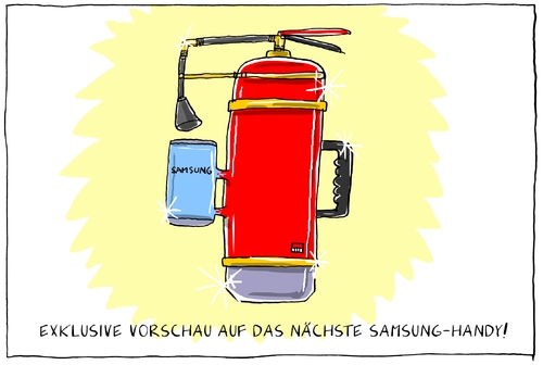 Cartoon: neues samsung handy (medium) by leopold maurer tagged samsung,handy,akku,feuer,explosion,rückruf,austausch,verlust,samsung,handy,akku,feuer,explosion,rückruf,austausch,verlust