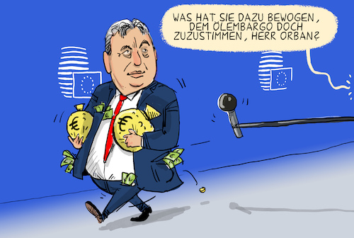 Cartoon: Öl-Embargo beschlossen (medium) by leopold maurer tagged eu,ölembargo,embargo,öl,russland,ukraine,krieg,finanzierung,ungarn,einigung,orban,viktor,zugeständnisse,gipfel,leopold,maurer,cartoon,karikatur,eu,ölembargo,embargo,öl,russland,ukraine,krieg,finanzierung,ungarn,einigung,orban,viktor,zugeständnisse,gipfel,leopold,maurer,cartoon,karikatur