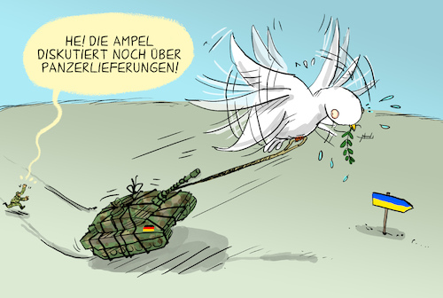 Cartoon: Panzerlieferungen (medium) by leopold maurer tagged ampel,deutschland,koalition,diskussion,waffenlieferungen,schwere,panzer,frieden,friedenstaube,ukraine,krieg,russland,spd,scholz,grüne,fdp,lieferung,leopold,maurer,cartoon,karikatur,ampel,deutschland,koalition,diskussion,waffenlieferungen,schwere,panzer,frieden,friedenstaube,ukraine,krieg,russland,spd,scholz,grüne,fdp,lieferung,leopold,maurer,cartoon,karikatur