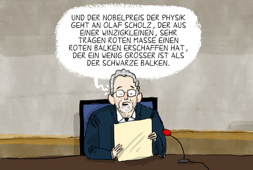 Cartoon: Physik-Nobelpreis (medium) by leopold maurer tagged nobelpreis,physik,deutschland,olaf,scholz,wahlgewinn,roter,balken,schwarzer,spd,nobelpreis,physik,deutschland,olaf,scholz,wahlgewinn,roter,balken,schwarzer,spd