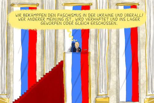 Cartoon: Putin und der Faschismus (medium) by leopold maurer tagged putin,ukraine,krieg,faschismus,propaganda,regime,autokratie,diktatur,diktator,autokrat,faschistisch,inszenierung,rede,volk,meinungsfreiheit,lager,gefägniß,meinungsäuserung,freiheit,demokratie,meinung,leopold,maurer,cartoon,karikatur,putin,ukraine,krieg,faschismus,propaganda,regime,autokratie,diktatur,diktator,autokrat,faschistisch,inszenierung,rede,volk,meinungsfreiheit,lager,gefägniß,meinungsäuserung,freiheit,demokratie,meinung,leopold,maurer,cartoon,karikatur