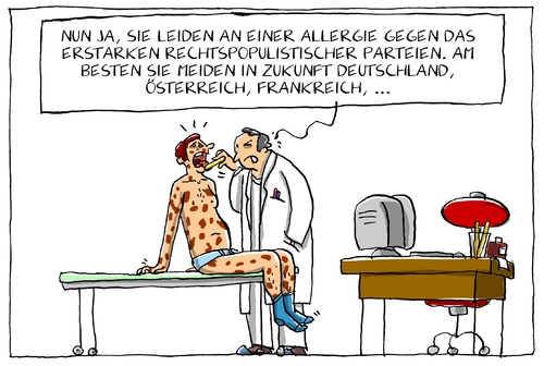 Cartoon: rechtsruckallergie (medium) by leopold maurer tagged rechtspopulistisch,populistisch,partei,rechtsnational,rechtsextrem,populismus,erstarken,wahl,zugewinn,politik,allergie,arzt,patient,rechtspopulistisch,populistisch,partei,rechtsnational,rechtsextrem,populismus,erstarken,wahl,zugewinn,politik,allergie,arzt,patient