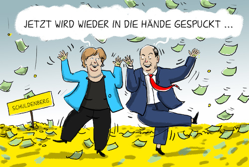 Cartoon: rekordverschuldung (medium) by leopold maurer tagged ekordverschuldung,kredit,corona,krise,deutschland,merkel,scholz,schuldenberg,spucke,haende,gespuckt,bruttosozialprodukt,ekordverschuldung,kredit,corona,krise,deutschland,merkel,scholz,schuldenberg,spucke,haende,gespuckt,bruttosozialprodukt