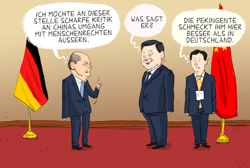 Cartoon: Scholz bei Xi (medium) by leopold maurer tagged scholz,xi,china,deutschland,reise,bundeskanzler,handel,ukraine,menschenrechte,regime,kritik,pekingente,dolmetscher,hafen,hamburg,jinping,wirtschaft,beziehungen,kanzler,leopold,maurer,cartoon,karikatur,scholz,xi,china,deutschland,reise,bundeskanzler,handel,ukraine,menschenrechte,regime,kritik,pekingente,dolmetscher,hafen,hamburg,jinping,wirtschaft,beziehungen,kanzler,leopold,maurer,cartoon,karikatur