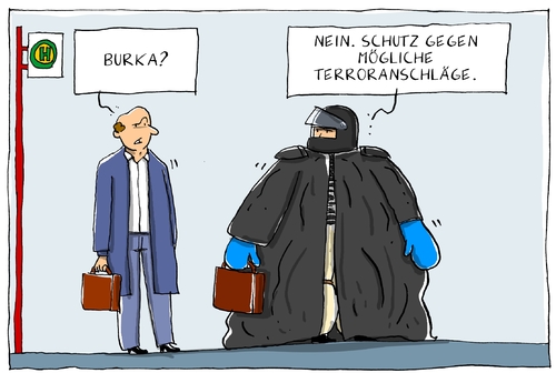 Cartoon: schutz gegen terror (medium) by leopold maurer tagged terror,terroranschlag,terrorverdächtiger,europa,deutschland,terrorist,burka,schutz,angst,sicherheit,unsicherheit,terror,terroranschlag,terrorverdächtiger,europa,deutschland,terrorist,burka,schutz,angst,sicherheit,unsicherheit