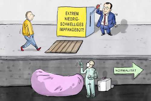 Cartoon: Spahn will Impfquote steigern (medium) by leopold maurer tagged spahn,gesundheitsminister,impfen,impfquote,steigerung,niedrigschwellig,corona,covid,pandemie,spahn,gesundheitsminister,impfen,impfquote,steigerung,niedrigschwellig,corona,covid,pandemie