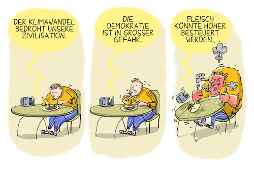 Cartoon: Steuererhöhung bei Fleisch (medium) by leopold maurer tagged fleisch,erhöhung,steuer,mehrwertsteuer,gesund,essen,nahrung,klimawandel,klimaneutral,tier,wohl,schnitzel,zorn,demokratie,rechtspopulismus,diktatur,ampel,landwirtschaft,konsument,leopold,maurer,cartoon,karikatur,fleisch,erhöhung,steuer,mehrwertsteuer,gesund,essen,nahrung,klimawandel,klimaneutral,tier,wohl,schnitzel,zorn,demokratie,rechtspopulismus,diktatur,ampel,landwirtschaft,konsument,leopold,maurer,cartoon,karikatur