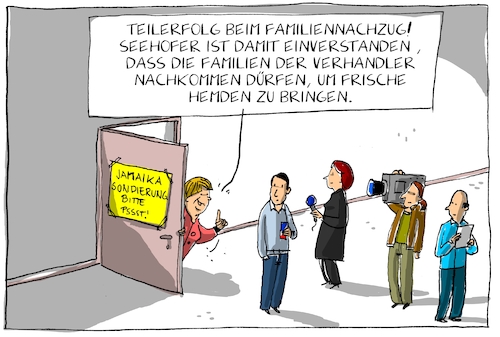 Cartoon: teilerfolg bei familiennachzug (medium) by leopold maurer tagged verhandlung,sondierungen,jamaika,deutschland,koalition,cdu,csu,fdb,grüne,verlängerung,familiennachzug,hemden,frische,seehofer,merkel,journalisten,warten,verhandlung,sondierungen,jamaika,deutschland,koalition,cdu,csu,fdb,grüne,verlängerung,familiennachzug,hemden,frische,seehofer,merkel,journalisten,warten