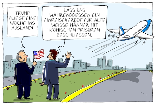 Cartoon: trump fliegt weg (medium) by leopold maurer tagged trump,usa,auslandsreise,erste,reise,männer,flugzeug,einreiseverbot,flughafen,abschied,trump,usa,auslandsreise,erste,reise,männer,flugzeug,einreiseverbot,flughafen,abschied