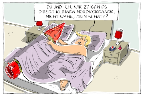 Cartoon: trump und die rakete (medium) by leopold maurer tagged nordkorea,konflikt,frieden,krieg,waffen,atomwaffen,usa,kim,jong,un,trump,bett,liebesszene,selbstverliebt,narziss,nordkorea,konflikt,frieden,krieg,waffen,atomwaffen,usa,kim,jong,un,trump,bett,liebesszene,selbstverliebt,narziss