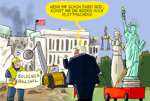 Cartoon: Trumps goldener Ballsaal (medium) by leopold maurer tagged trump,weisses,haus,abbrucharbeiten,prunk,gold,ballsaal,justitis,freiheitsstatue,demokratie,justiz,autokratie,no,kings,diktator,präsident,donald,abbruch,leopold,maurer,cartoon,karikatur,trump,weisses,haus,abbrucharbeiten,prunk,gold,ballsaal,justitis,freiheitsstatue,demokratie,justiz,autokratie,no,kings,diktator,präsident,donald,abbruch,leopold,maurer,cartoon,karikatur