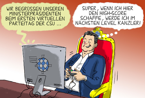 Cartoon: virtueller parteitag der CSU (medium) by leopold maurer tagged parteitag,söder,bayern,kanzler,virtuell,parteitag,söder,bayern,kanzler,virtuell