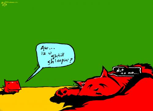 Cartoon: not no mo (medium) by ericHews tagged yo,and,dude,eric,hews,dog,cat,red,green,yellow,sleep,kitty,kitten,dogie,puppy